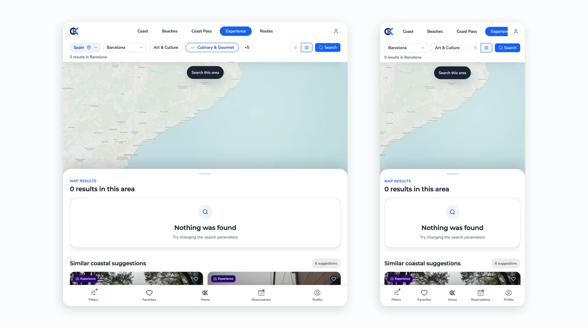 CoastKey responsive empty search state with the Show map action.