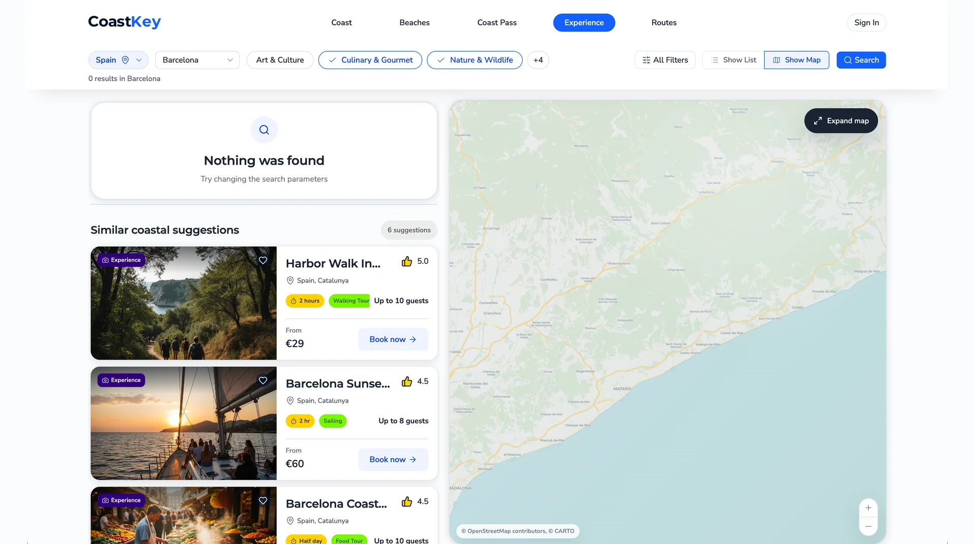 CoastKey search catalog empty state with the Show map action.