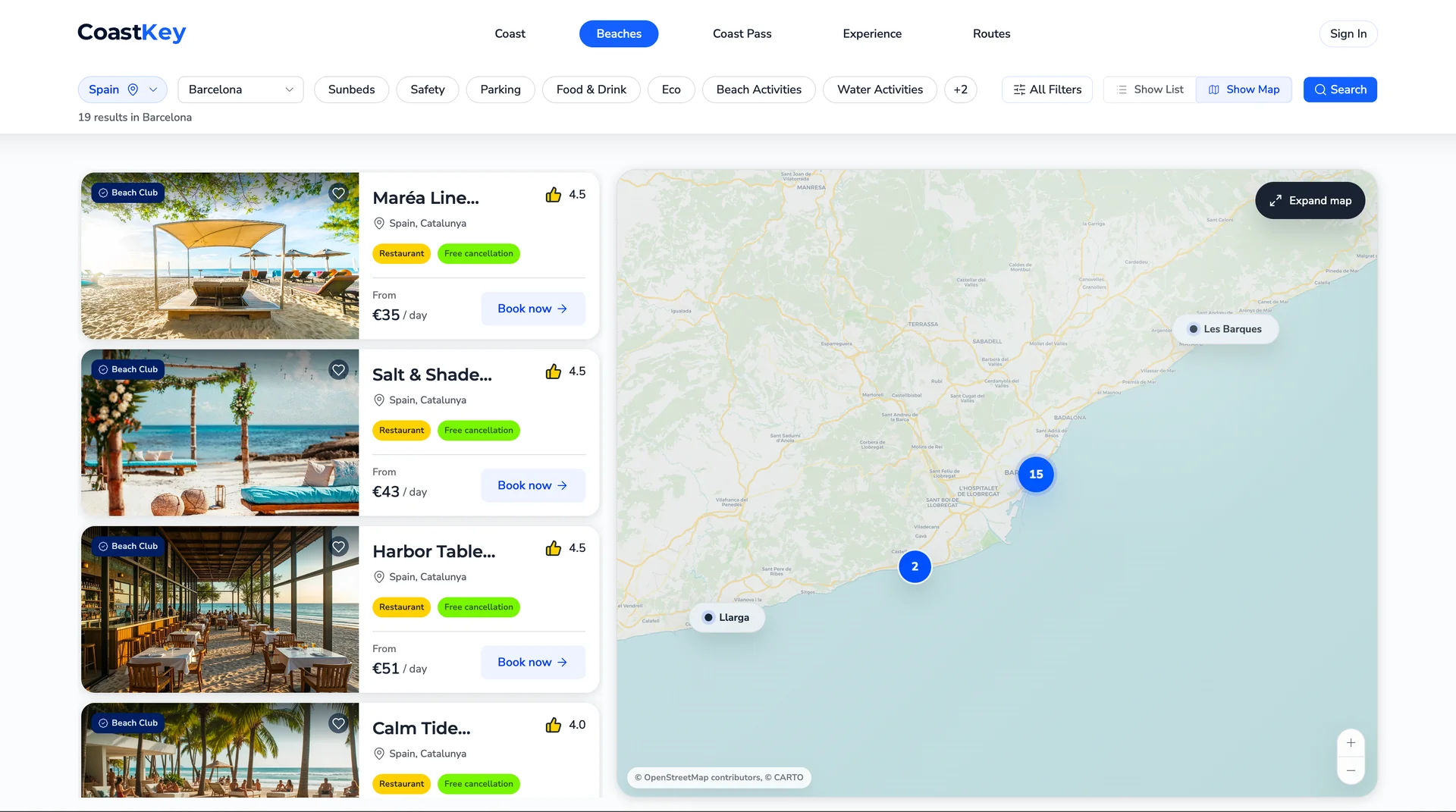 CoastKey search catalog in desktop split map mode.