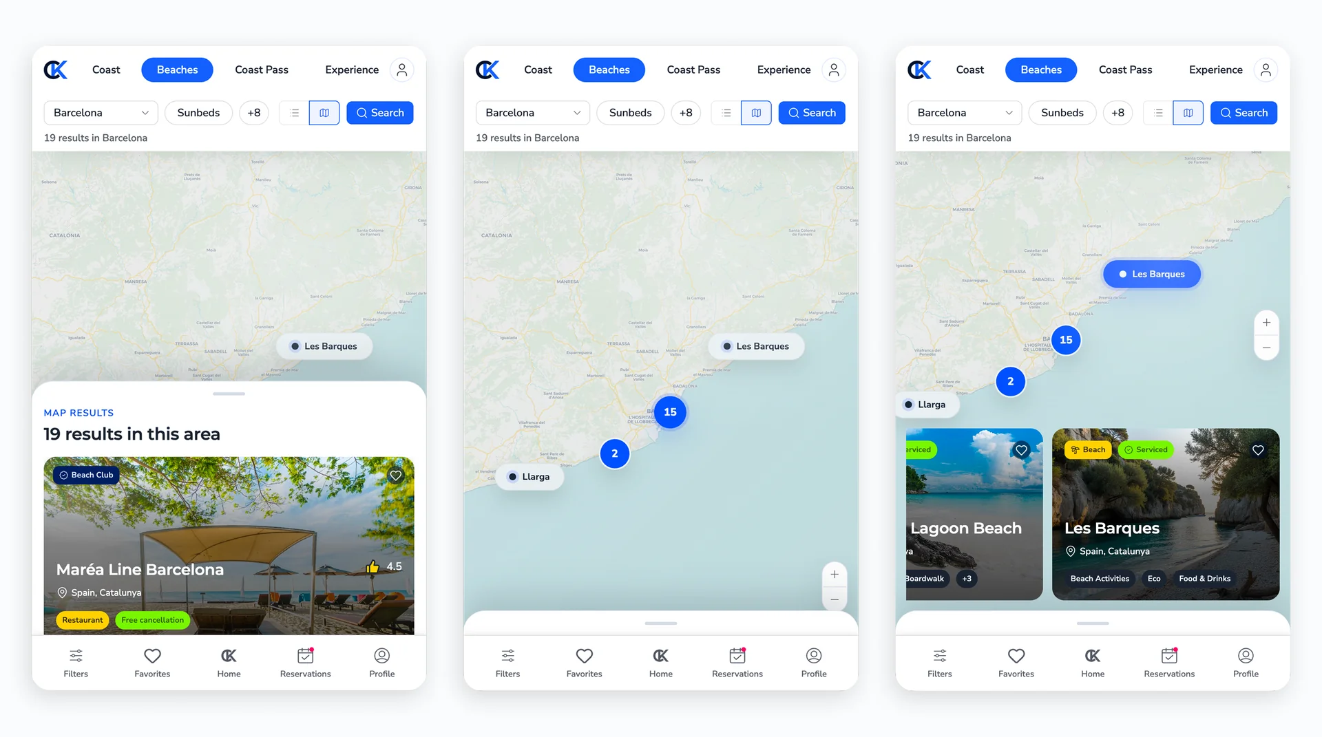 CoastKey search catalog split map flow on mobile.