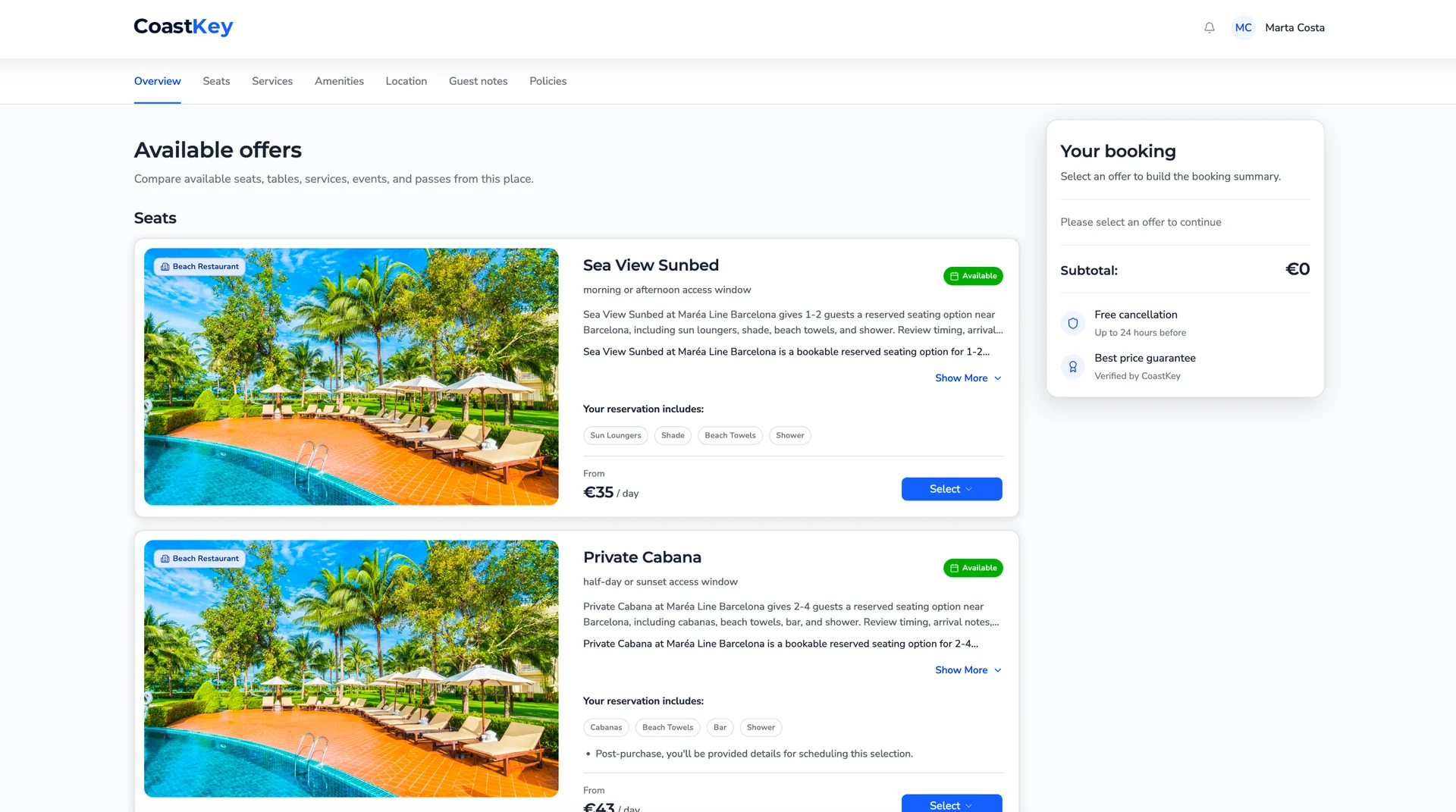 CoastKey beach club detail page showing the available offers and booking summary.