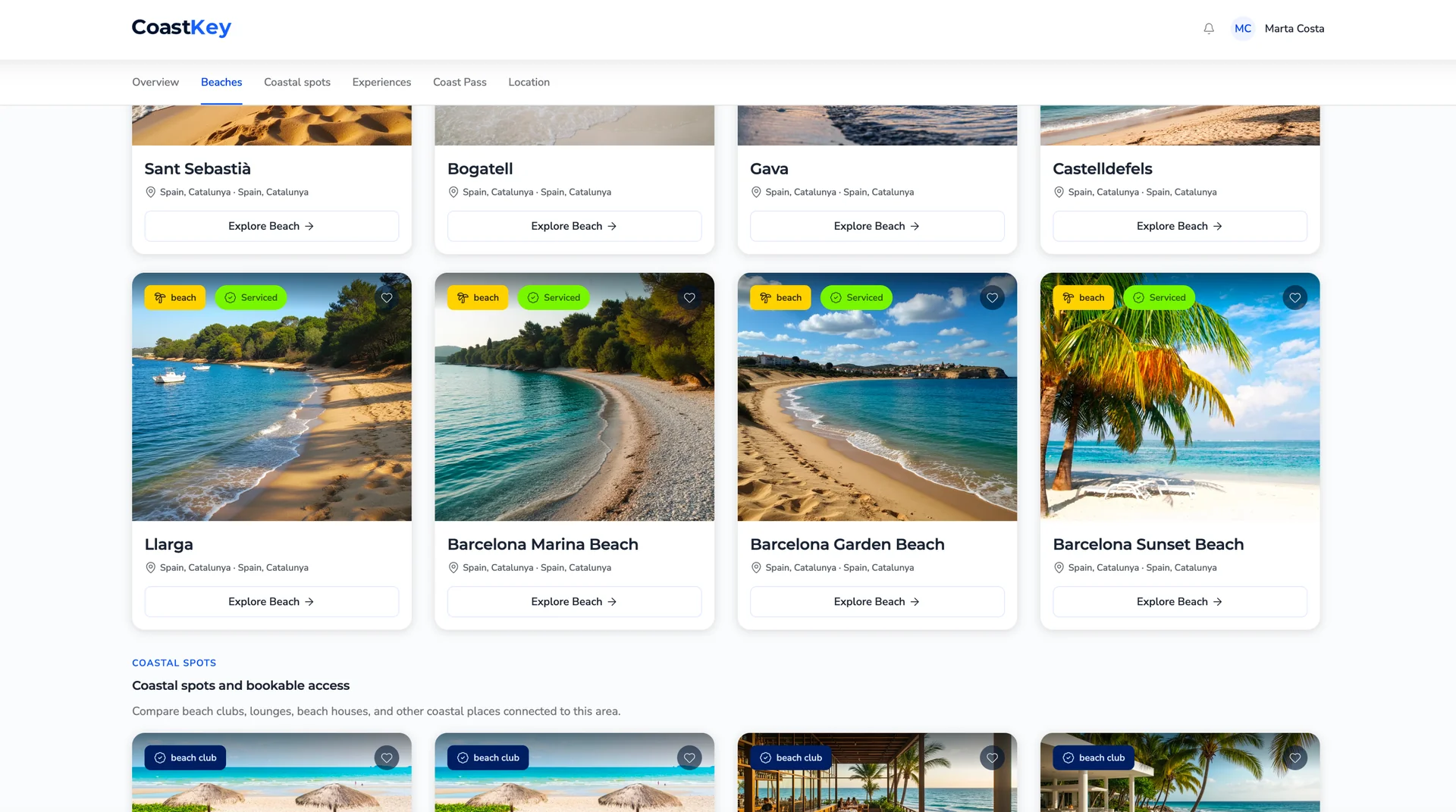 CoastKey Barcelona coast detail page with the Beaches tab and beach card grid.