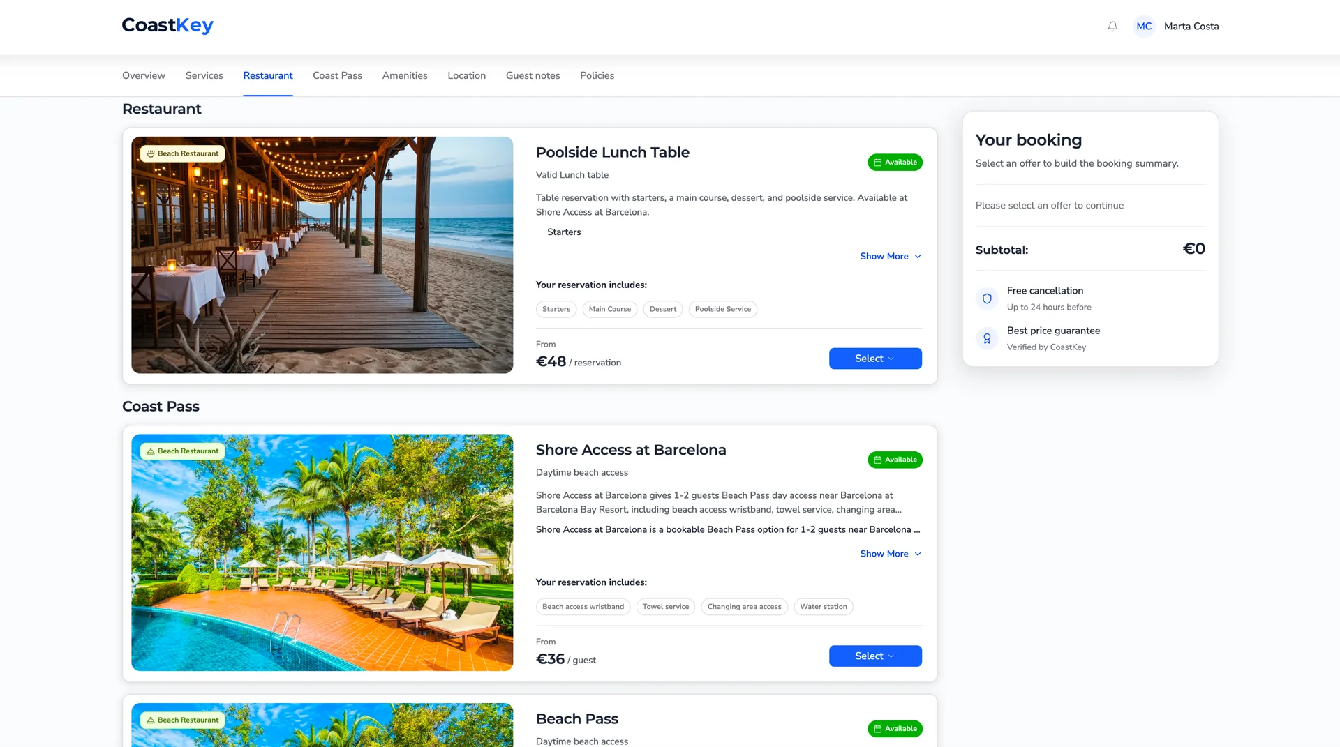 CoastKey Barcelona Bay Resort detail page with restaurant and Coast Pass offers.