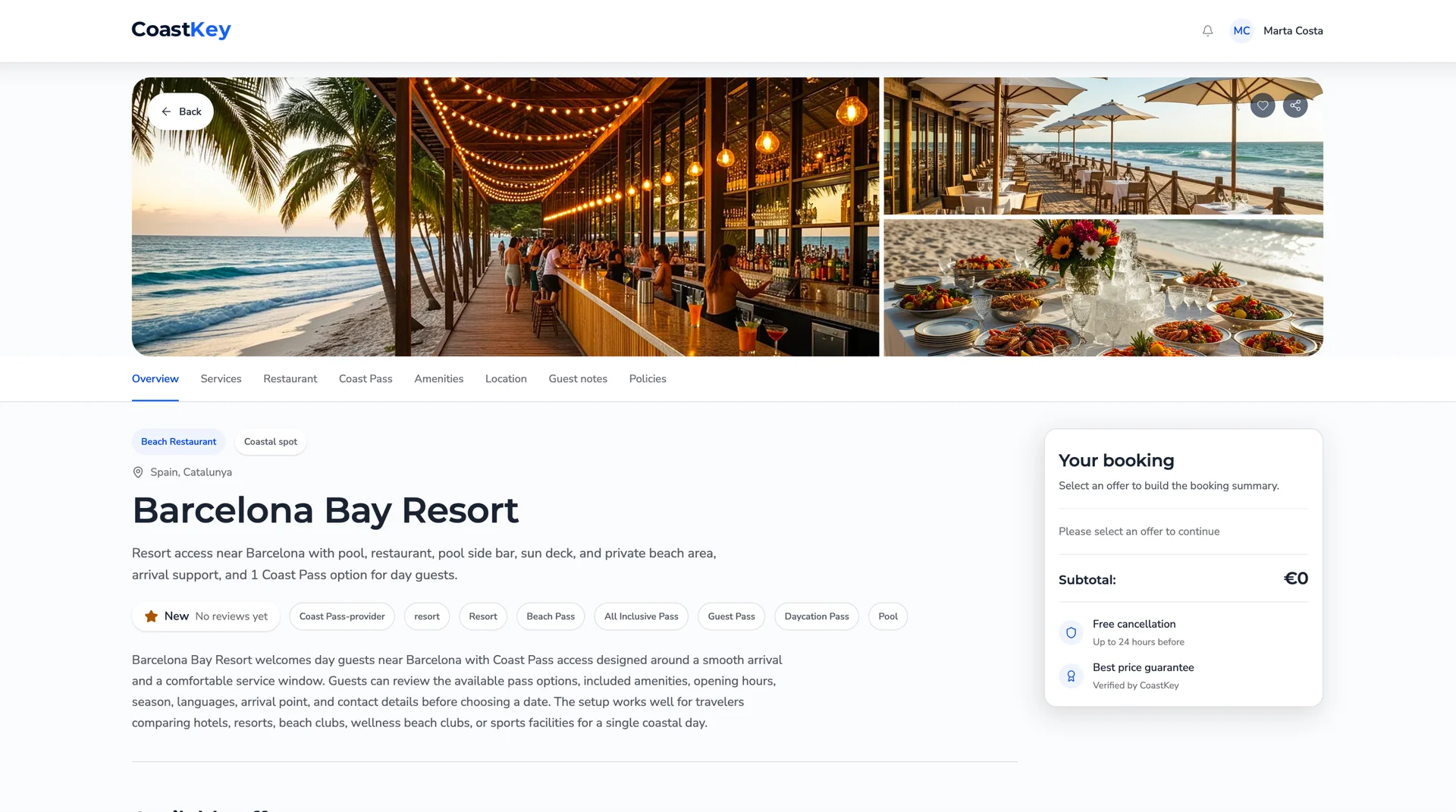 CoastKey Barcelona Bay Resort detail page with resort overview and booking summary.