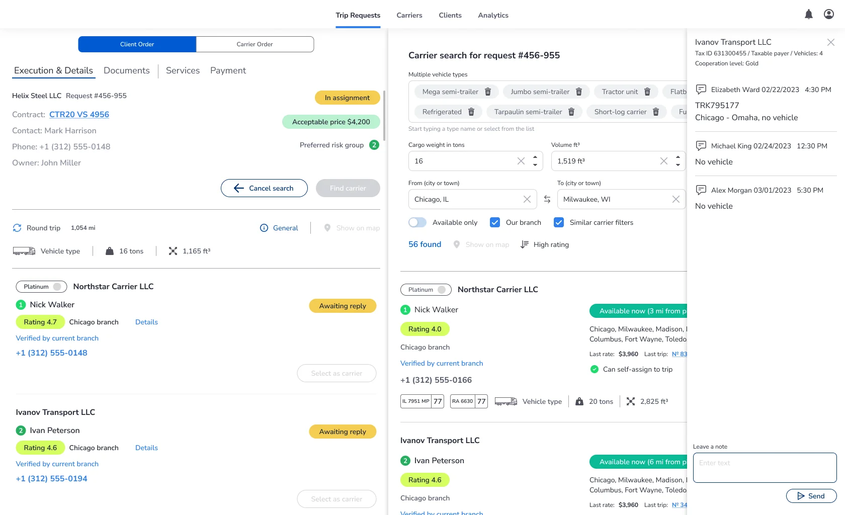 Digital Logistics Platform executor search for a trip