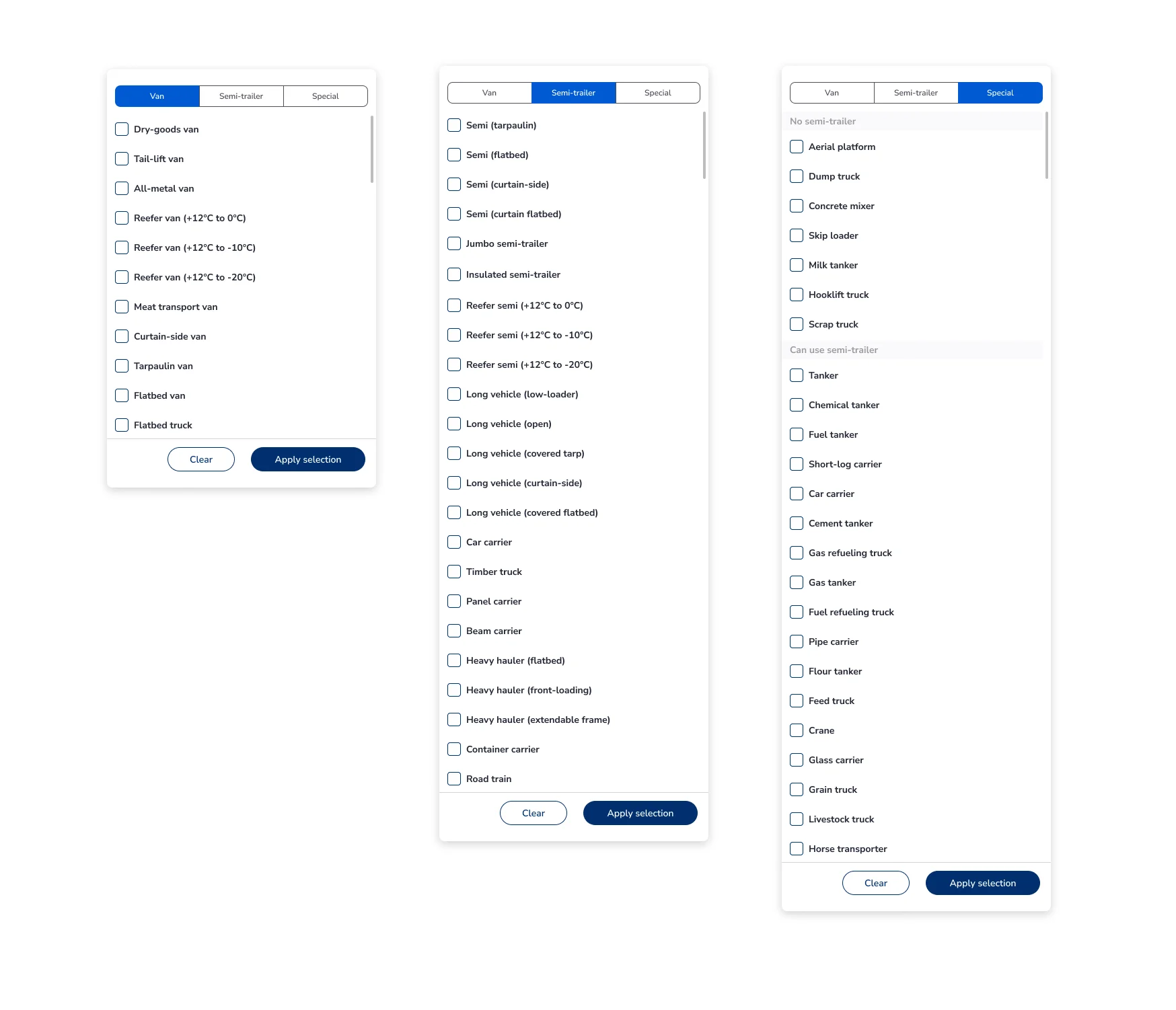 Digital Logistics Platform vehicle types selection