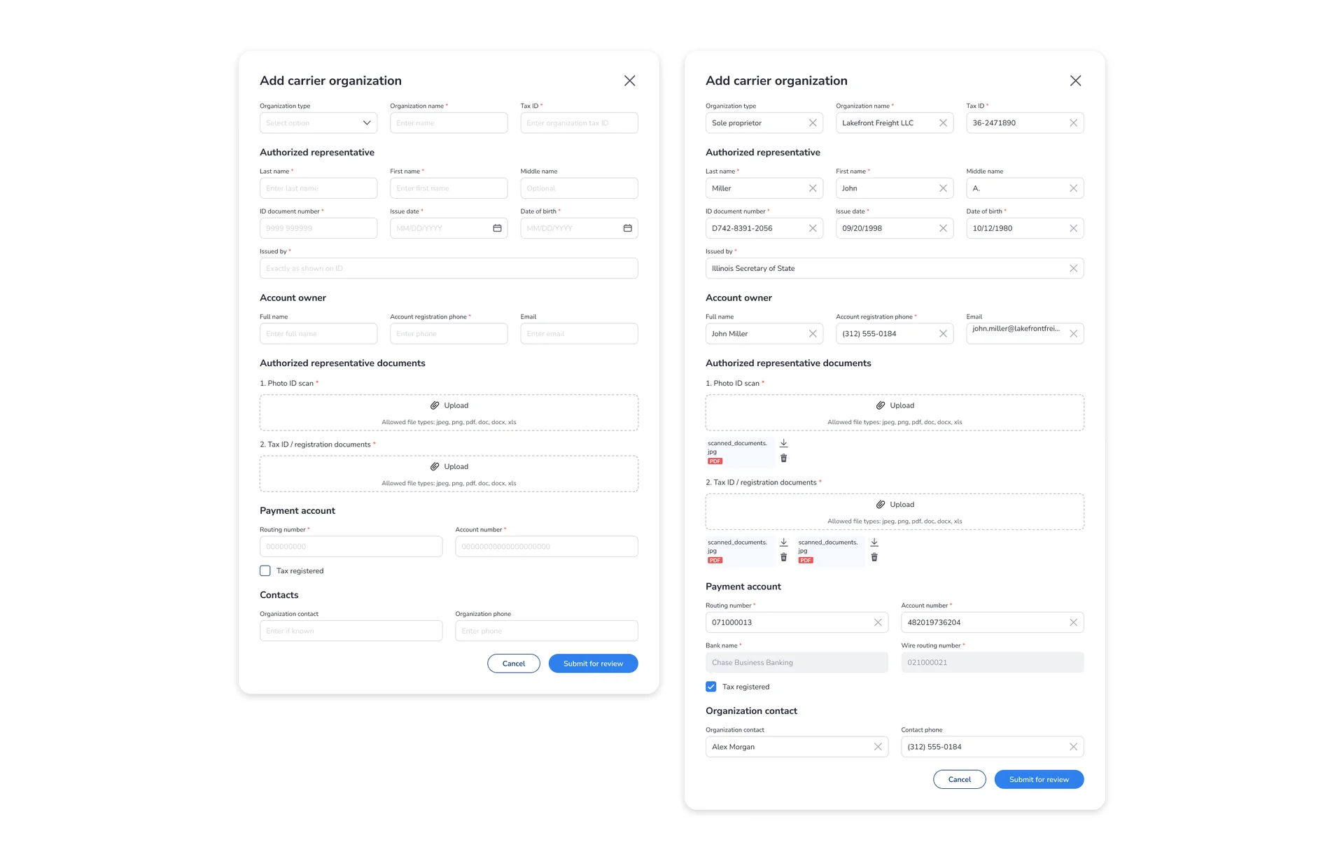 Digital Logistics Platform add carrier organization form