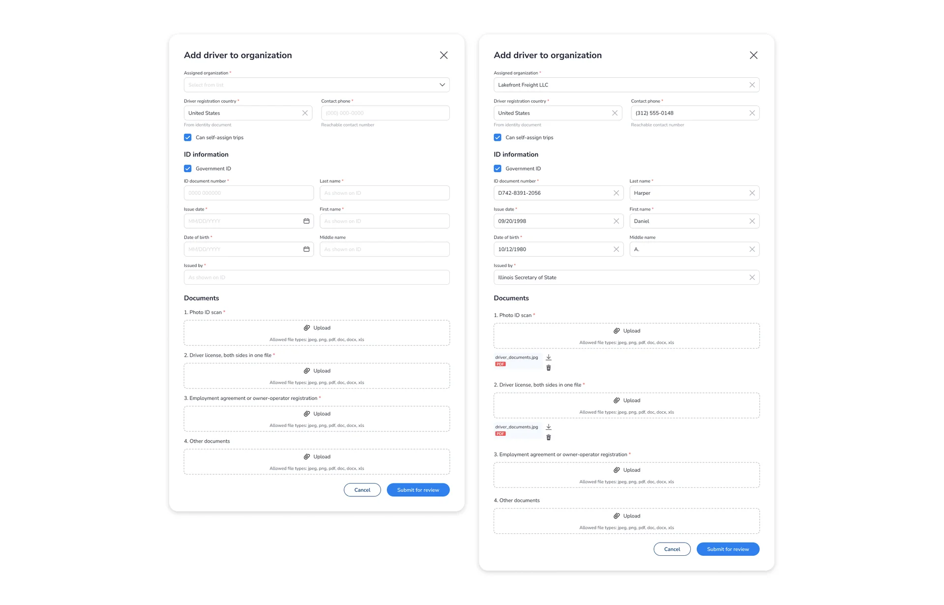 Digital Logistics Platform add driver to organization form