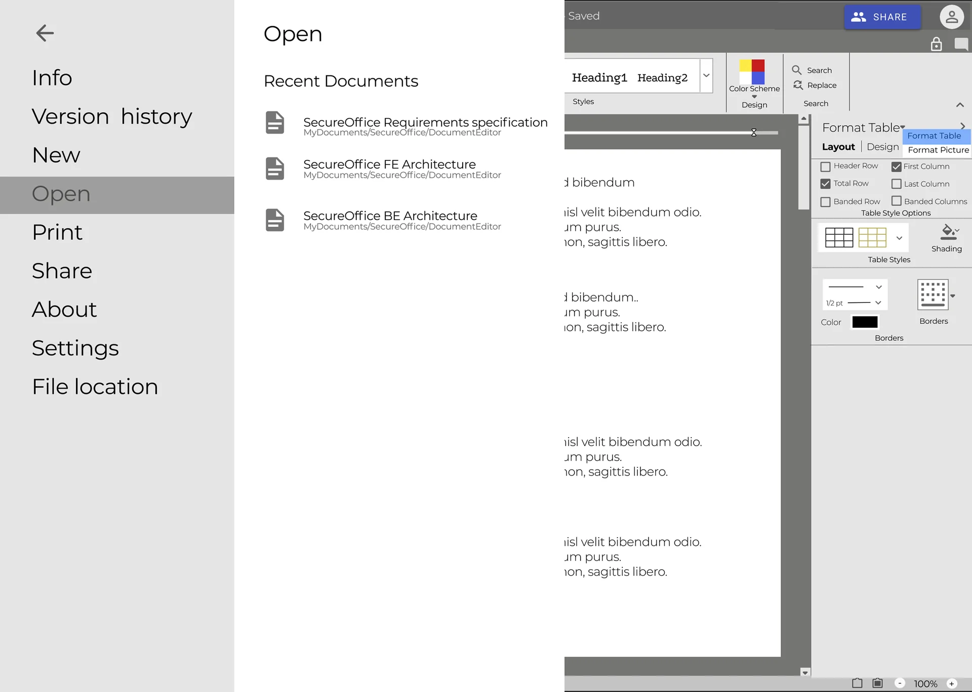 SecureOffice UX draft for editor menu behavior