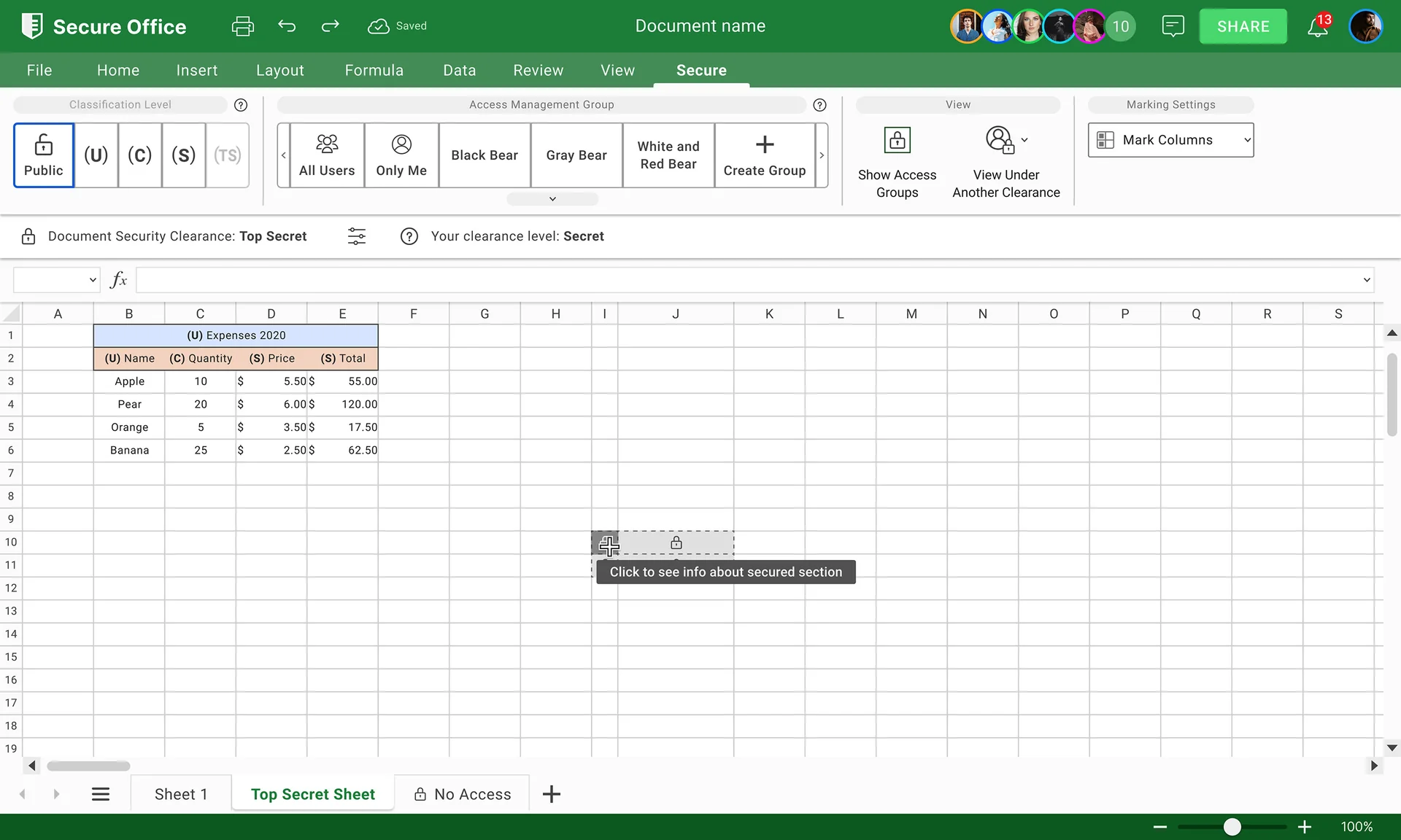 SecureOffice Spreadsheet protected section state