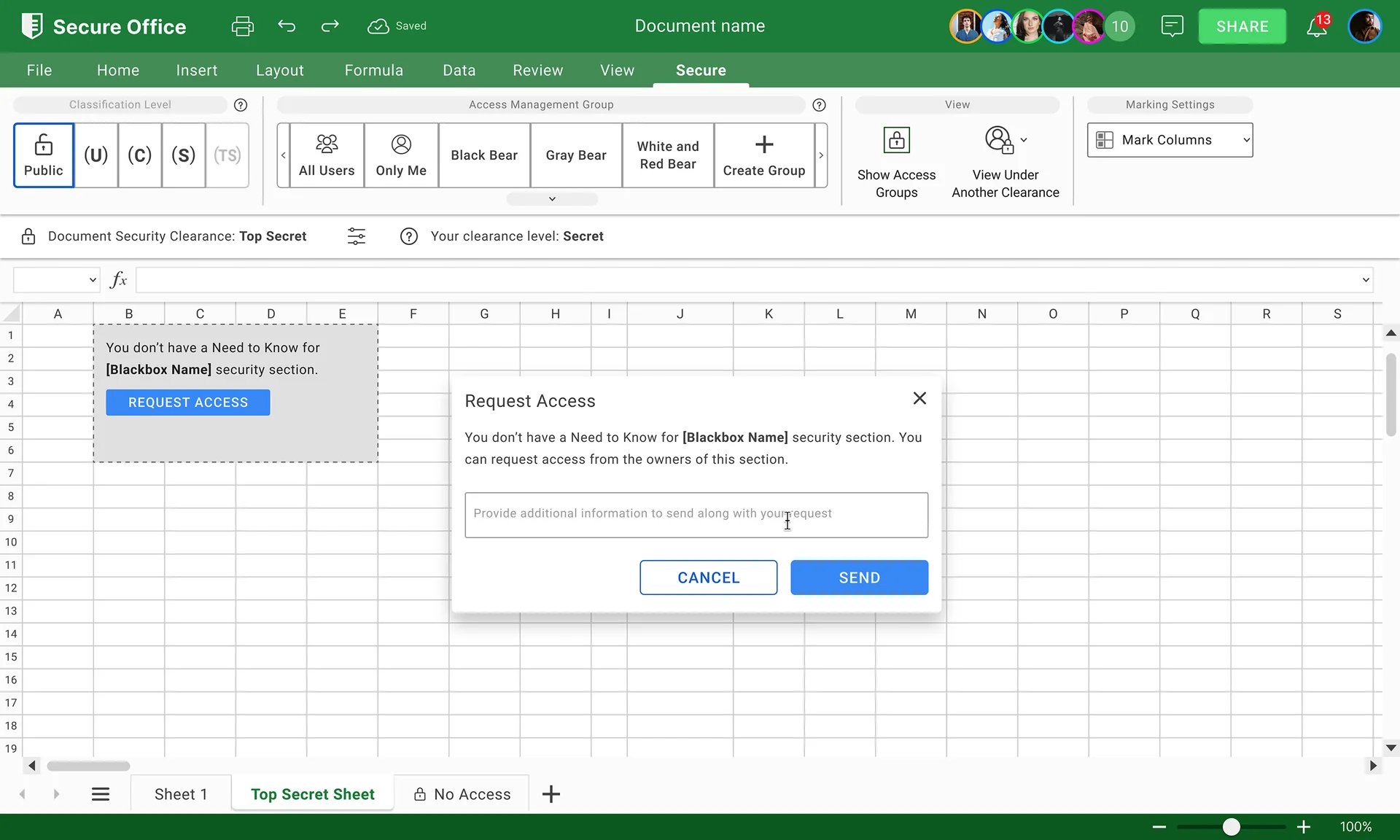 SecureOffice request access state for a protected spreadsheet section
