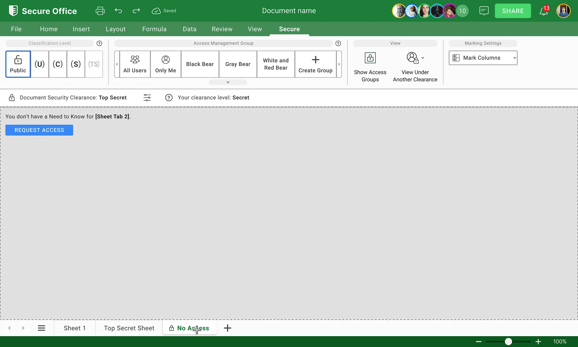 SecureOffice Spreadsheet secure tabs state