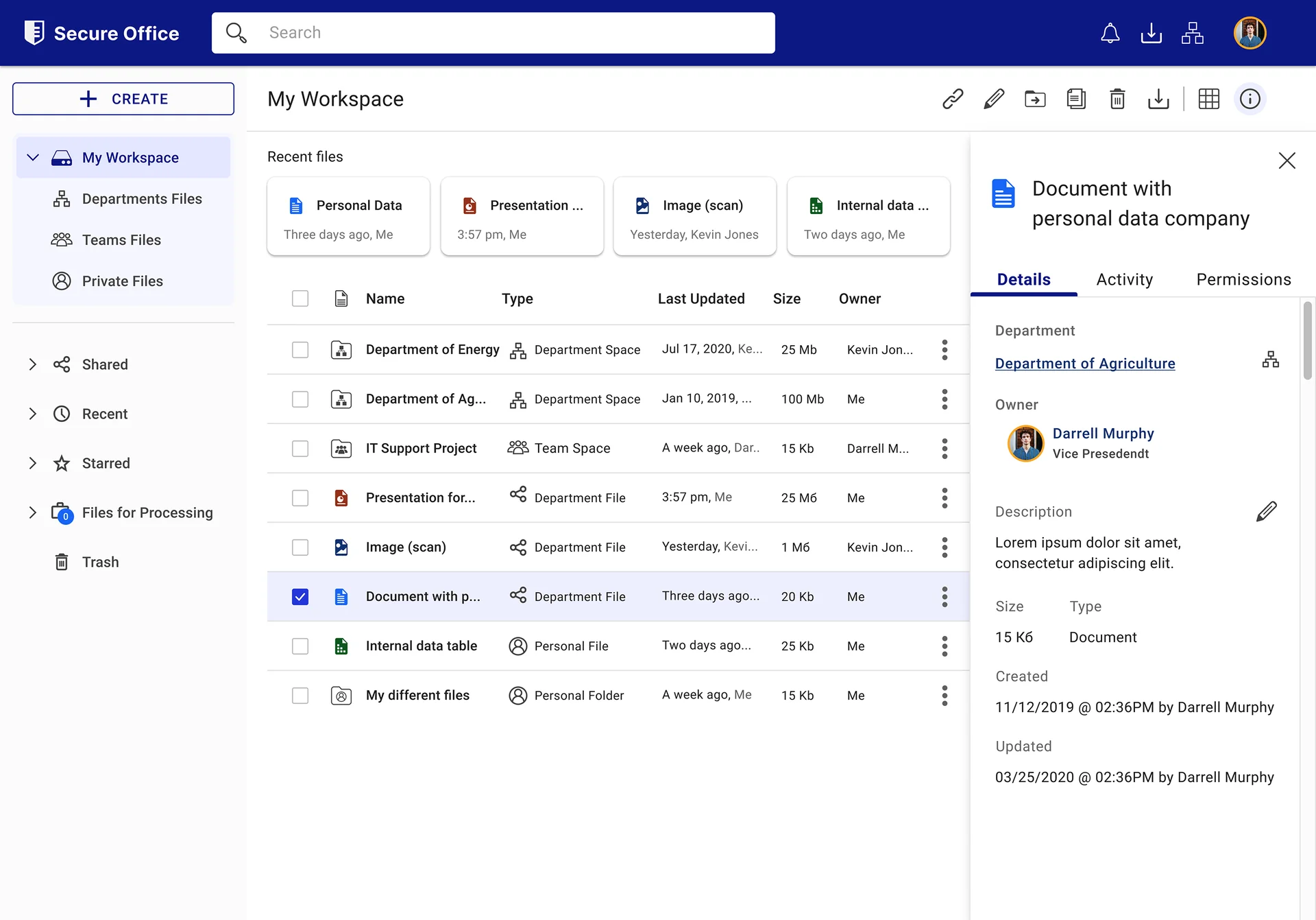SecureOffice Secure Drive file detail panel