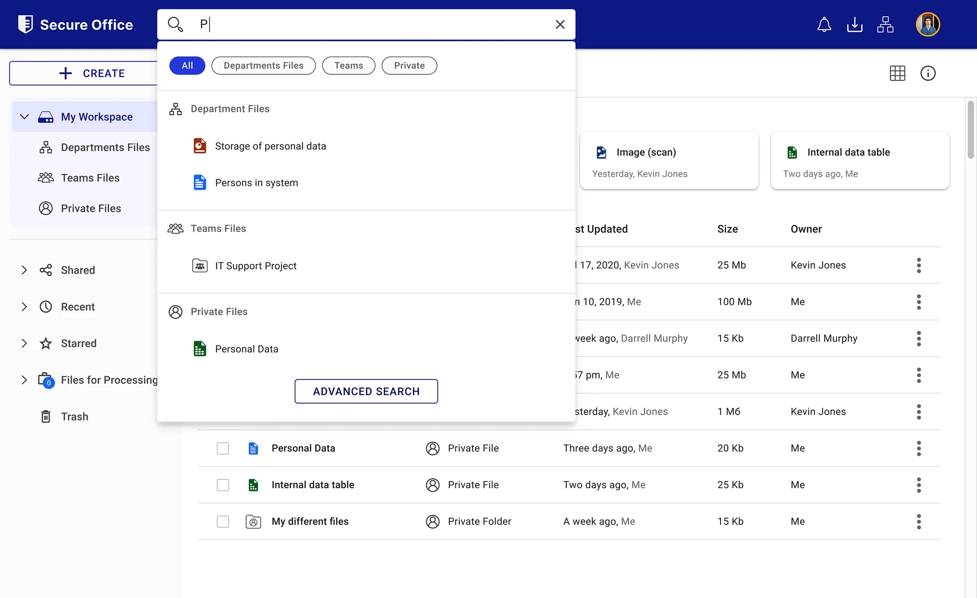 SecureOffice Secure Drive search interface