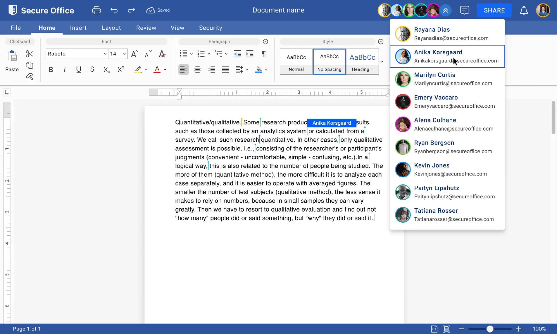 SecureOffice Document Editor collaborative workspace