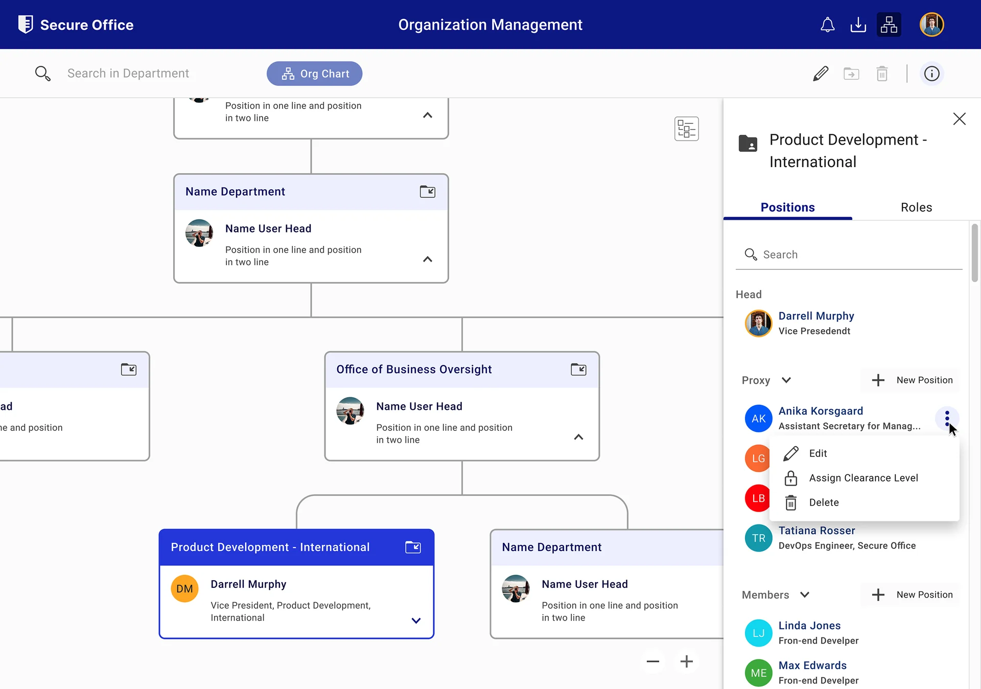 SecureOffice Organization Management detail panel context