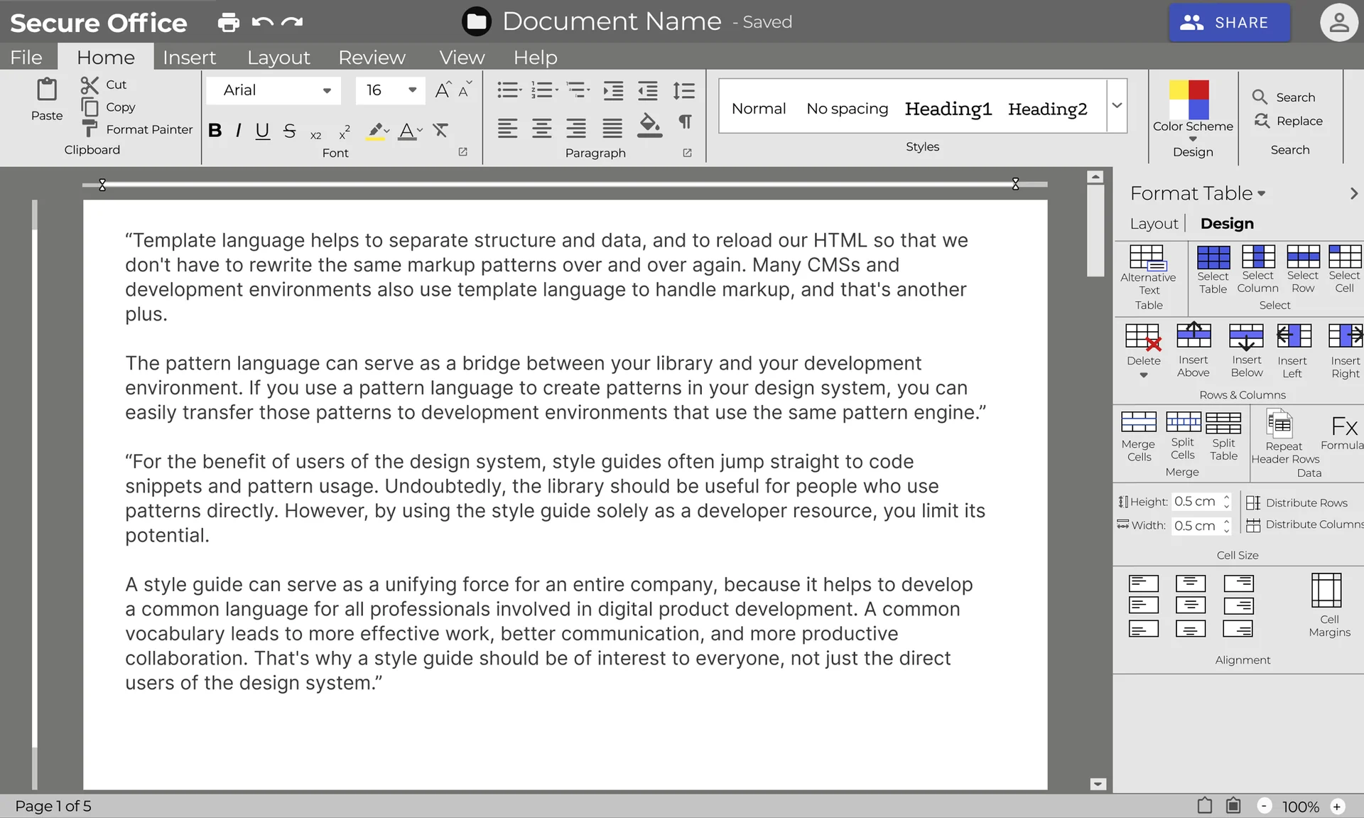 SecureOffice UX draft for editor ribbon and document canvas